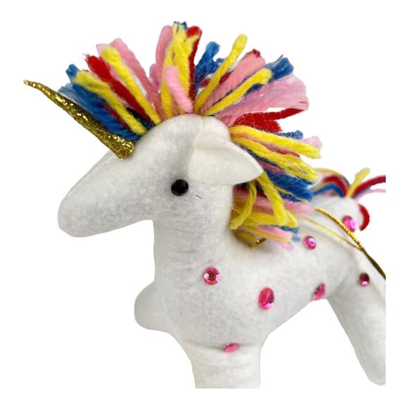 Rhinestone Unicorn Plush Ornament 6" Christmas White Stuffed Animal Yarn Mane - Picture 2 of 6